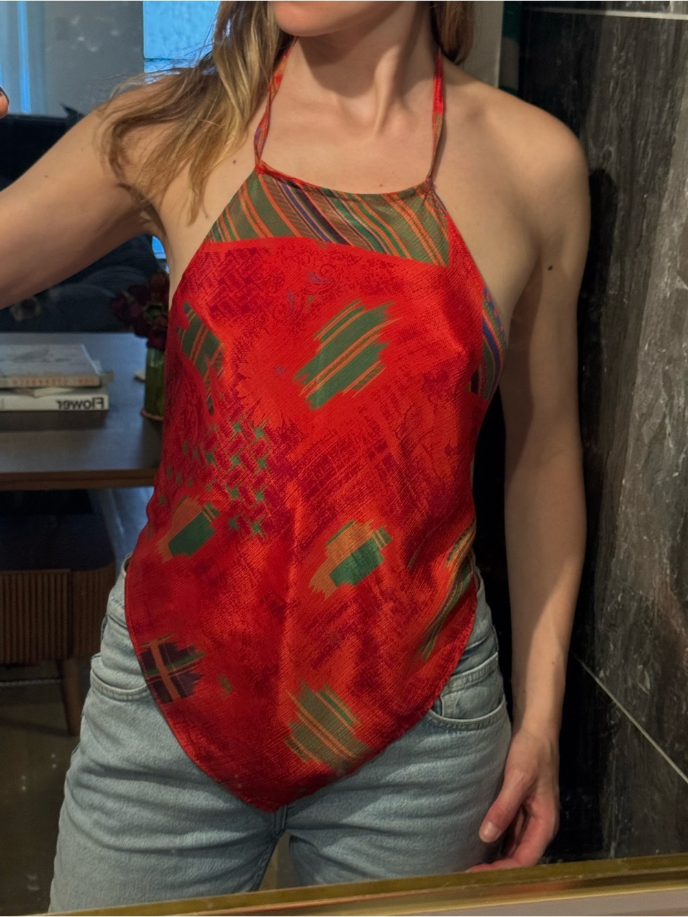Red Printed Halter Neck Silk Women’s Top - Size S/M